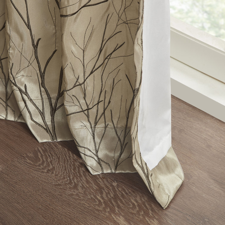 White Faux Silk Embroidered Branch Puddle Length Curtain Panel