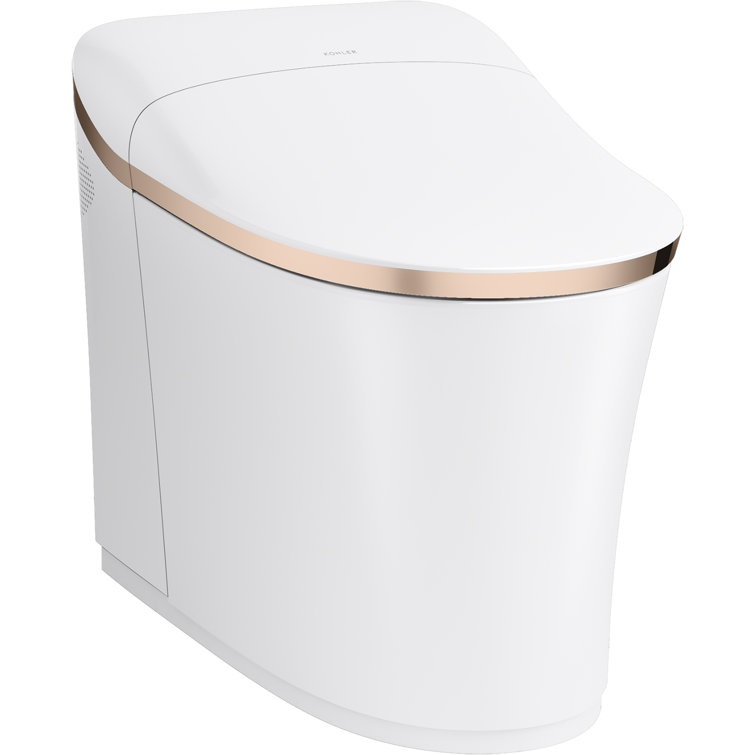 White and Rose Gold Trim Elongated Dual Flush Toilet