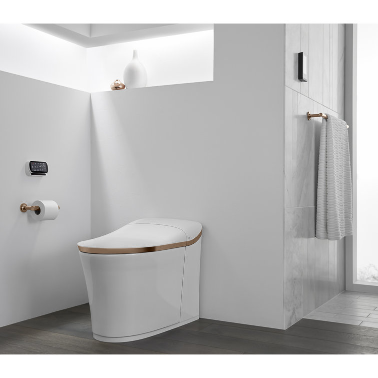 White and Rose Gold Trim Elongated Dual Flush Toilet