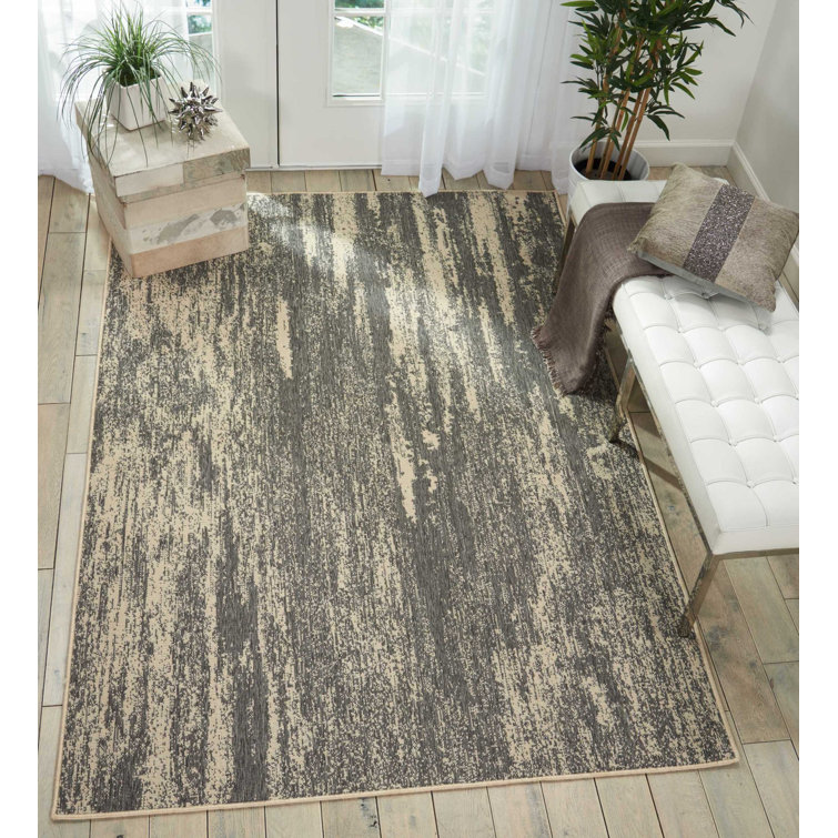 Grey and Cream Abstract Synthetic Rectangular Rug