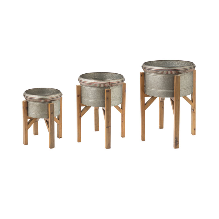 Set of 3 Galvanized Metal Planters with Wooden Stands