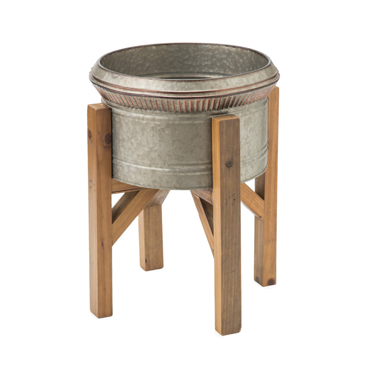 Set of 3 Galvanized Metal Planters with Wooden Stands
