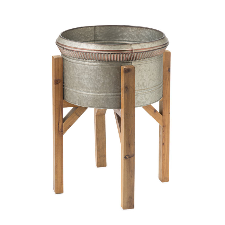 Set of 3 Galvanized Metal Planters with Wooden Stands