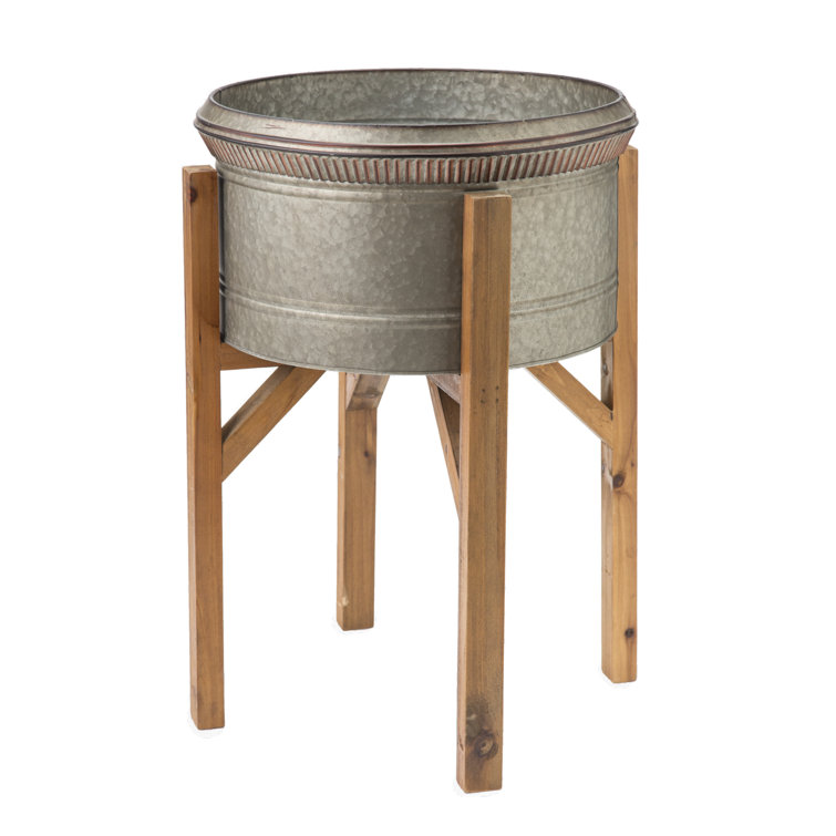 Set of 3 Galvanized Metal Planters with Wooden Stands