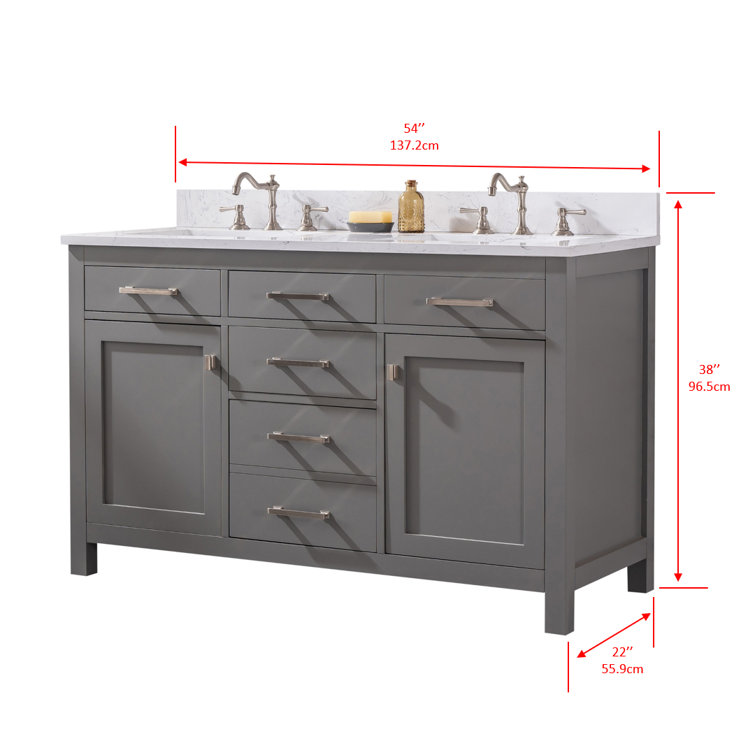 Gray and White 54'' Double Freestanding Bathroom Vanity with Engineered Stone Top