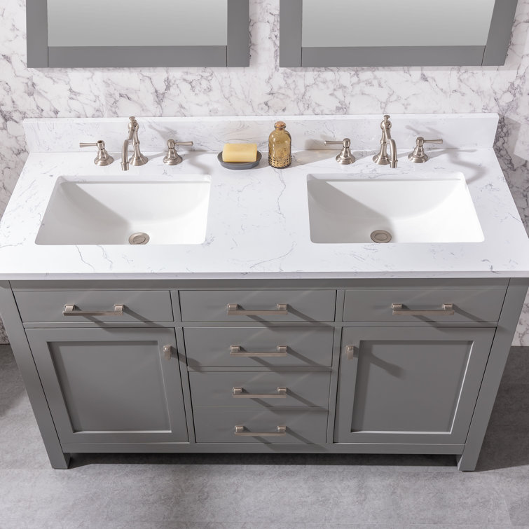 Gray and White 54'' Double Freestanding Bathroom Vanity with Engineered Stone Top