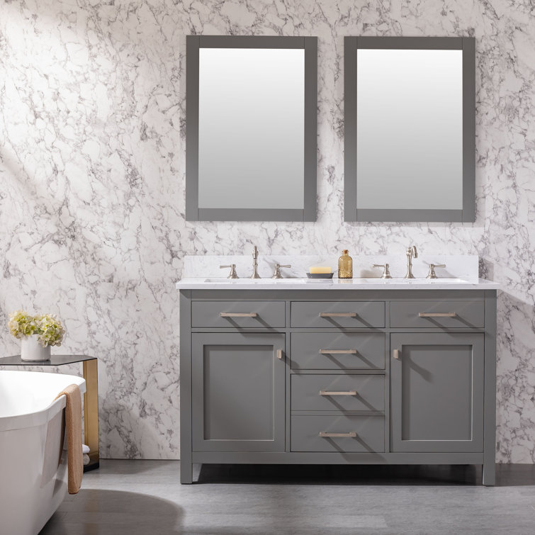 Gray and White 54'' Double Freestanding Bathroom Vanity with Engineered Stone Top