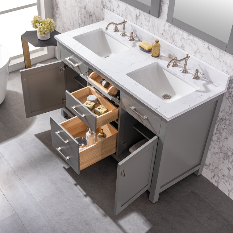Gray and White 54'' Double Freestanding Bathroom Vanity with Engineered Stone Top