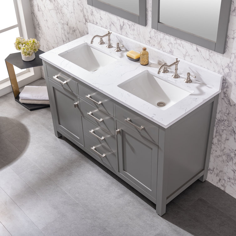 Gray and White 54'' Double Freestanding Bathroom Vanity with Engineered Stone Top
