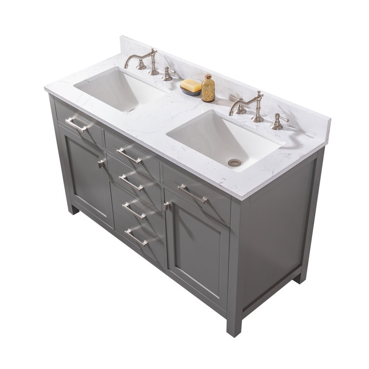 Gray and White 54'' Double Freestanding Bathroom Vanity with Engineered Stone Top