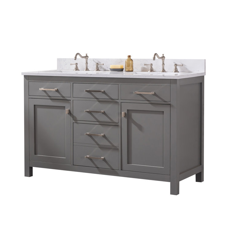 Gray and White 54'' Double Freestanding Bathroom Vanity with Engineered Stone Top