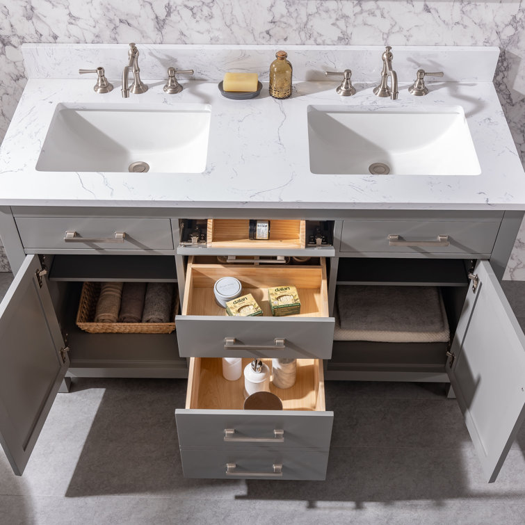 Gray and White 54'' Double Freestanding Bathroom Vanity with Engineered Stone Top
