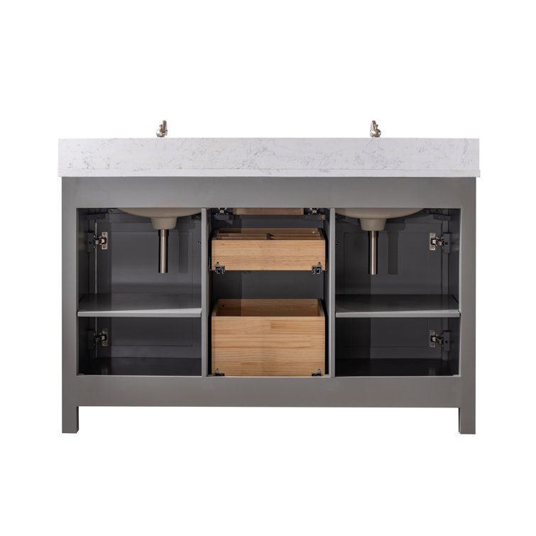 Gray and White 54'' Double Freestanding Bathroom Vanity with Engineered Stone Top