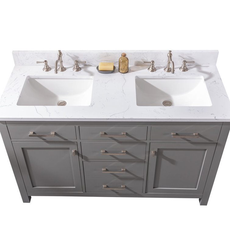 Gray and White 54'' Double Freestanding Bathroom Vanity with Engineered Stone Top