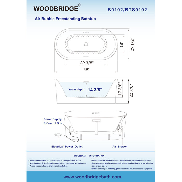 59'' White Acrylic Freestanding Air Soaking Bathtub with Brushed Gold Trim