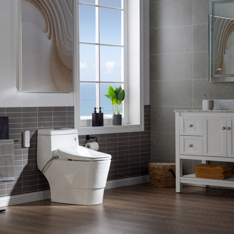 White Porcelain One-Piece Elongated Dual Flush Toilet with Smart Bidet Seat