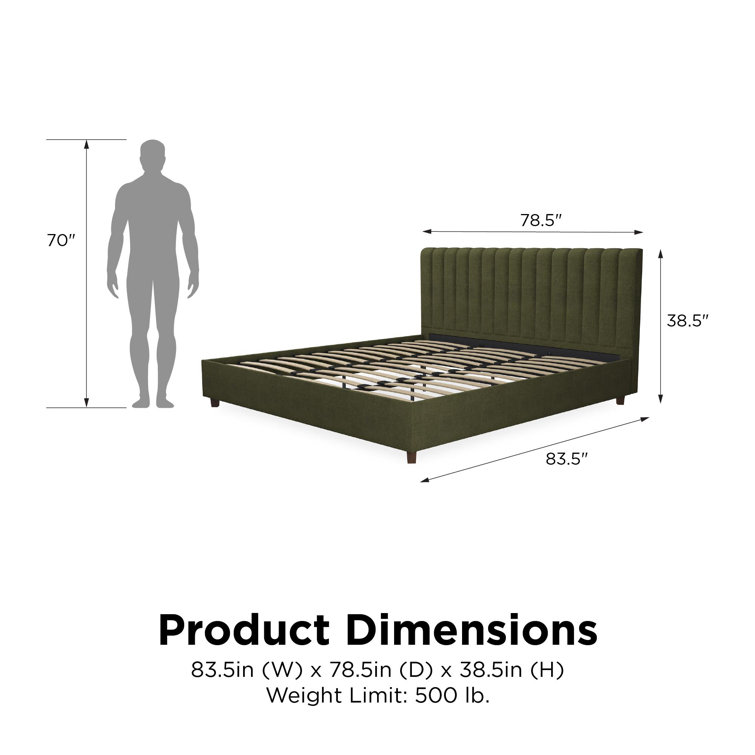King Green Linen Upholstered Platform Bed with Oak Legs