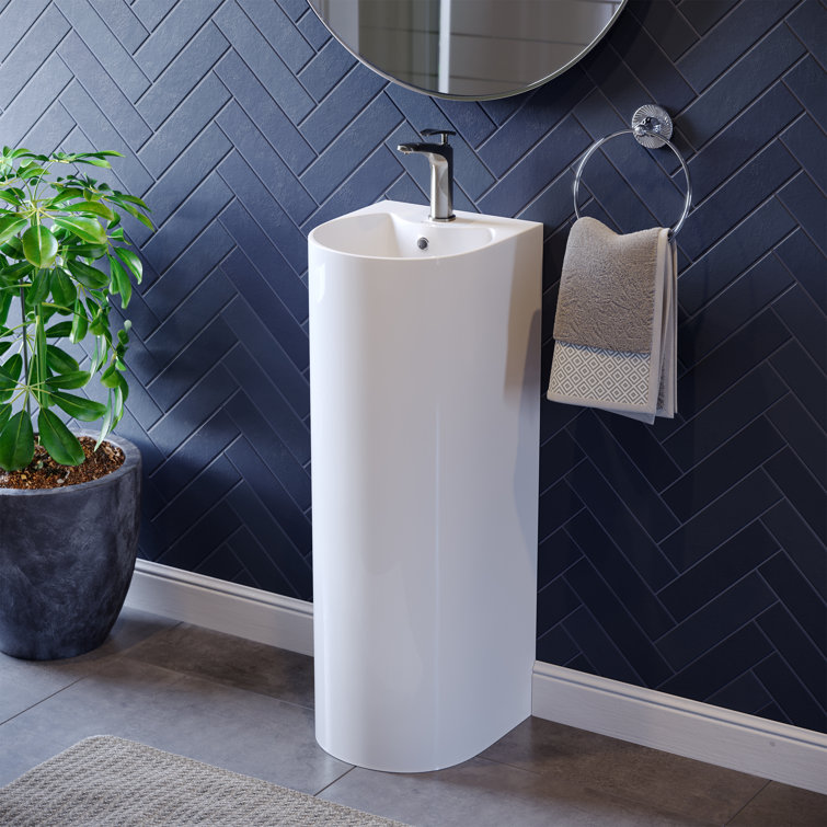 White Glossy Ceramic Pedestal Bathroom Sink