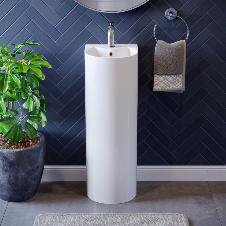 White Glossy Ceramic Pedestal Bathroom Sink