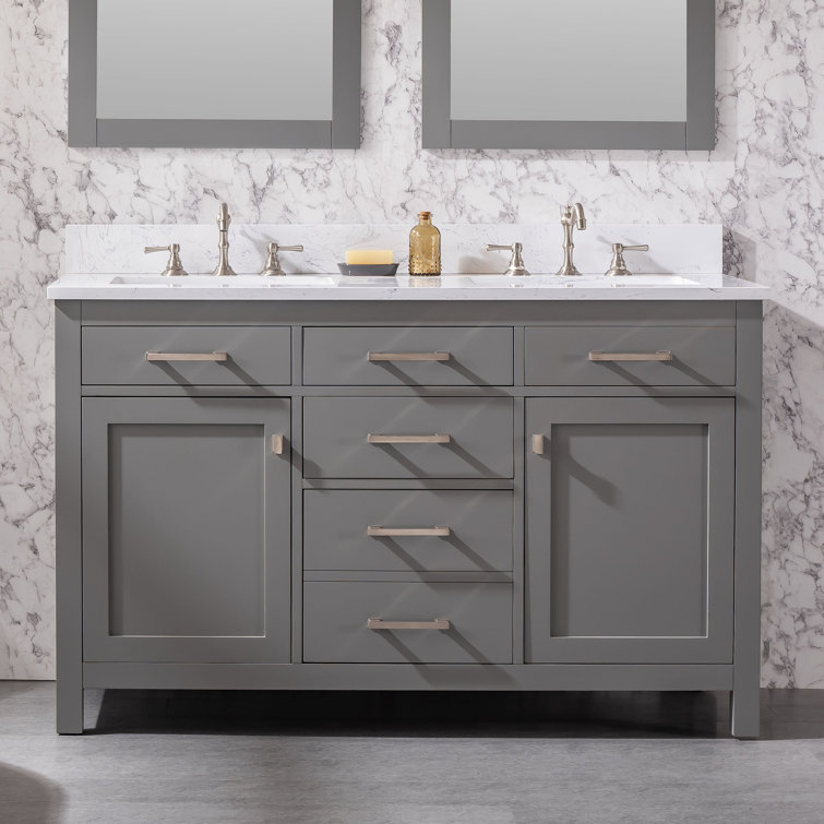 Gray and White 54'' Double Freestanding Bathroom Vanity with Engineered Stone Top