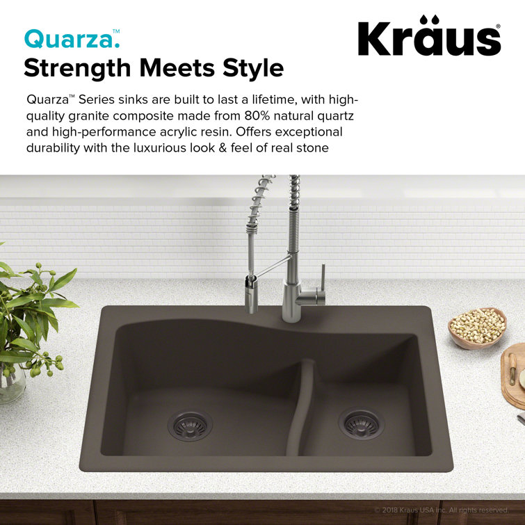 Kraus 33" Black Granite Double Bowl Kitchen Sink with Garbage Disposal