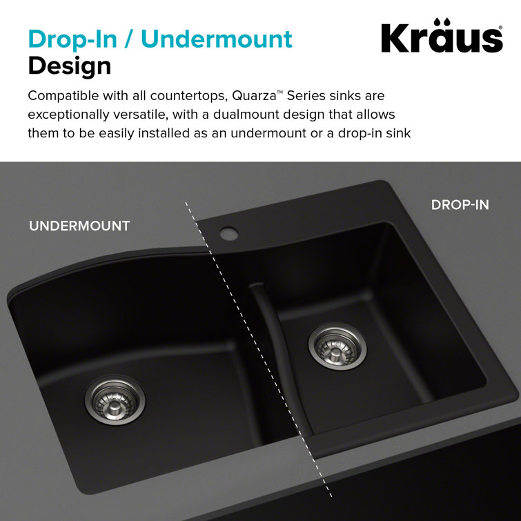 Kraus 33" Black Granite Double Bowl Kitchen Sink with Garbage Disposal