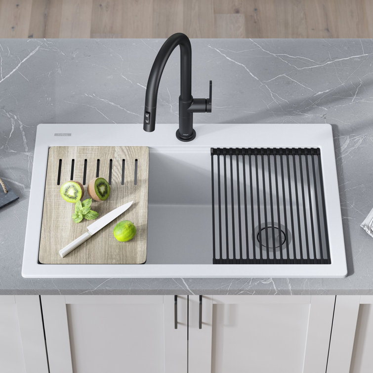 33 in. White Granite Composite Single Bowl Workstation Kitchen Sink with Accessories