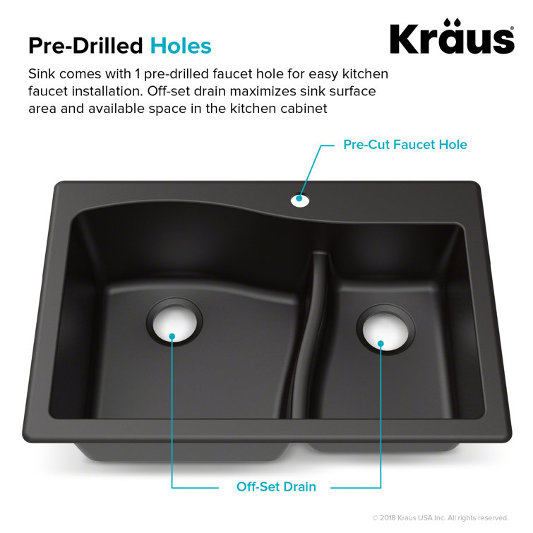 Kraus 33" Black Granite Double Bowl Kitchen Sink with Garbage Disposal