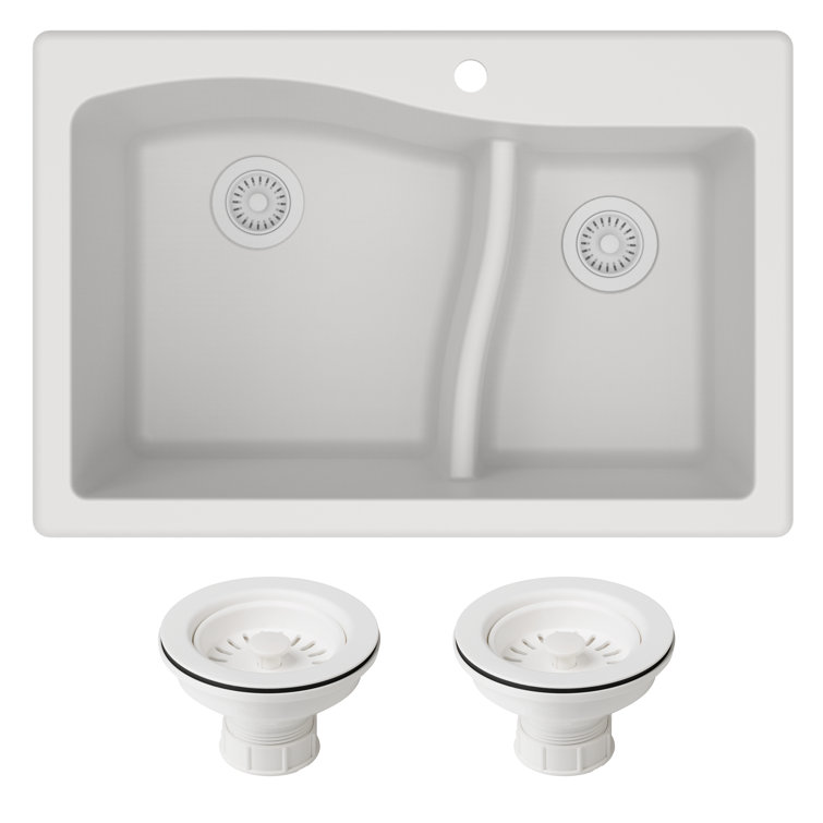 White Granite Dual Bowl Drop-In Kitchen Sink with Strainers