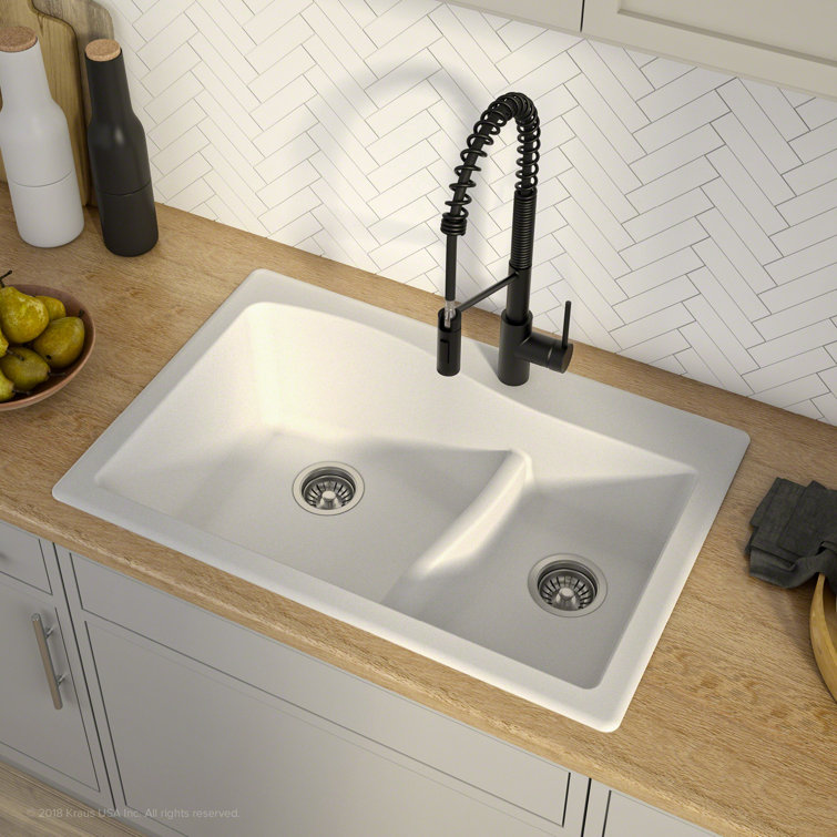 White Granite Dual Bowl Drop-In Kitchen Sink with Strainers