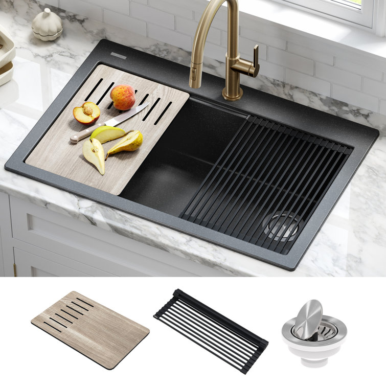 33 in. Metallic Black Granite Composite Single Bowl Kitchen Sink with Accessories