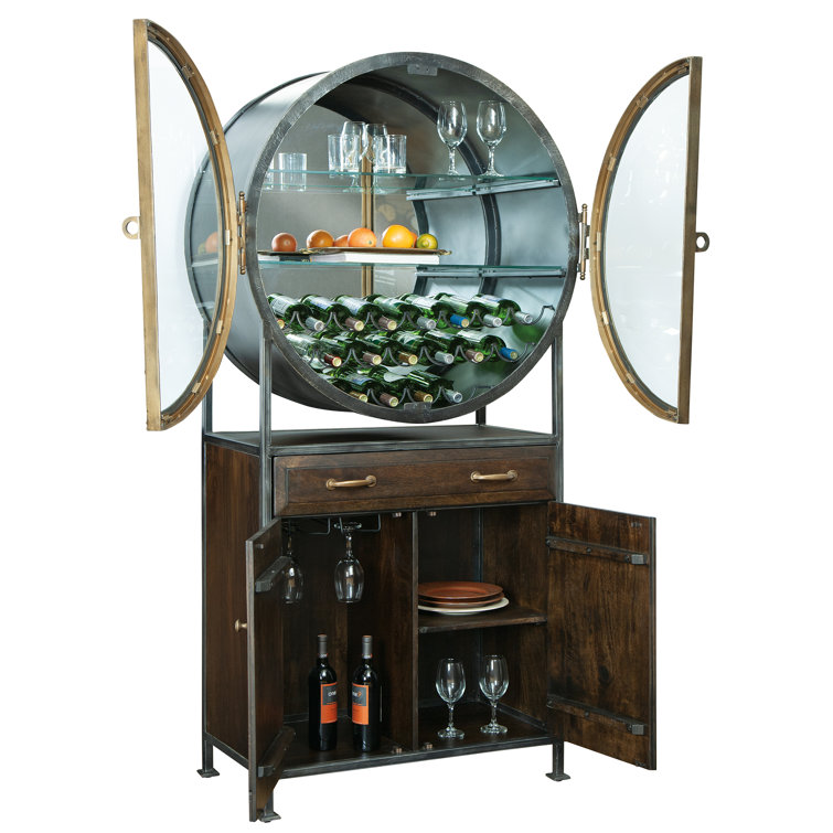 Rustic Black and Brown Iron Wine Bar Cabinet