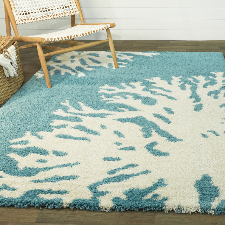 Teal and White Abstract Shag Area Rug, 5'3" x 7'