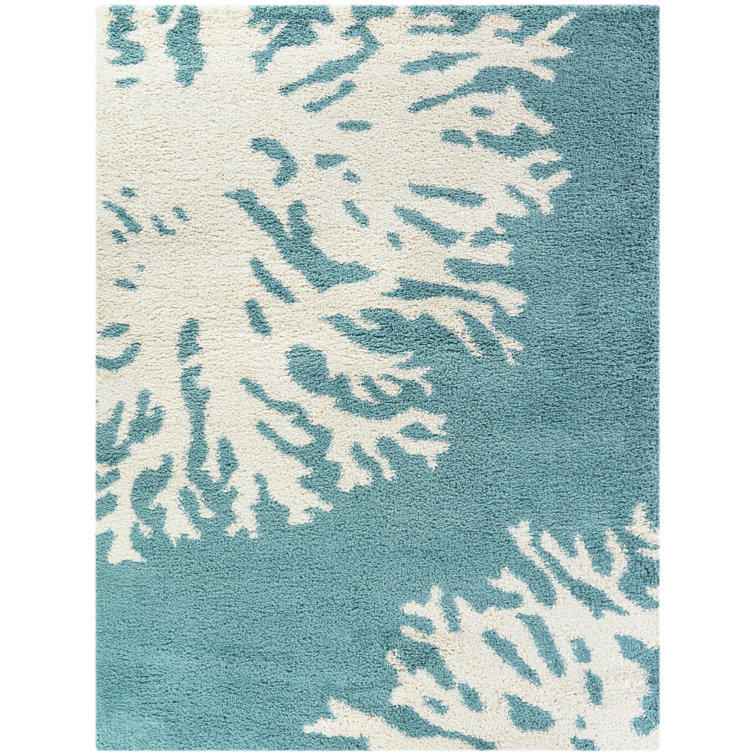 Teal and White Abstract Shag Area Rug, 5'3" x 7'