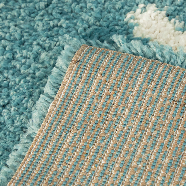 Teal and White Abstract Shag Area Rug, 5'3" x 7'