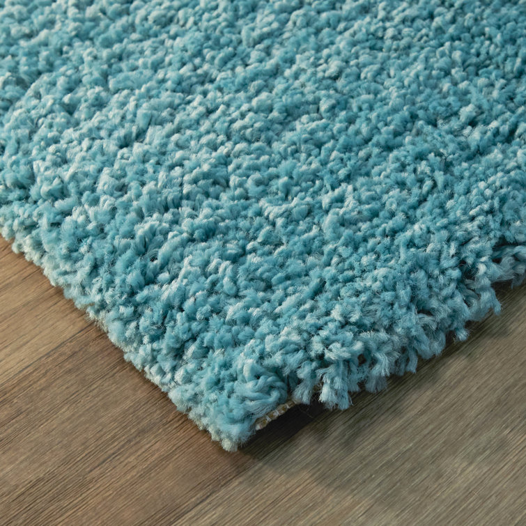 Teal and White Abstract Shag Area Rug, 5'3" x 7'
