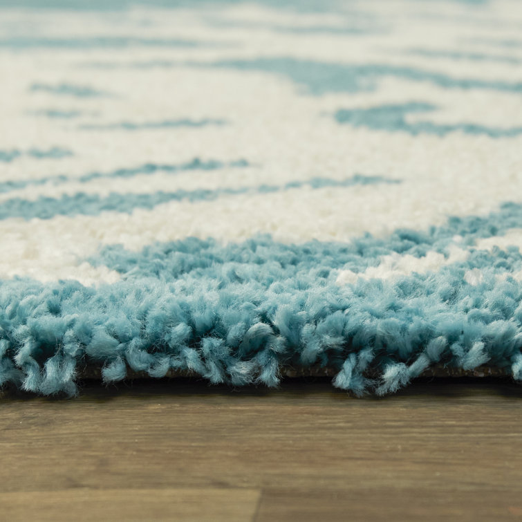 Teal and White Abstract Shag Area Rug, 5'3" x 7'
