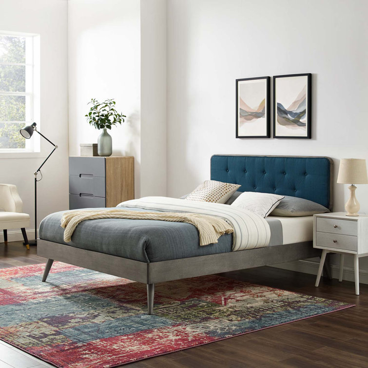 Walnut Charcoal Twin Wood Platform Bed with Upholstered Headboard