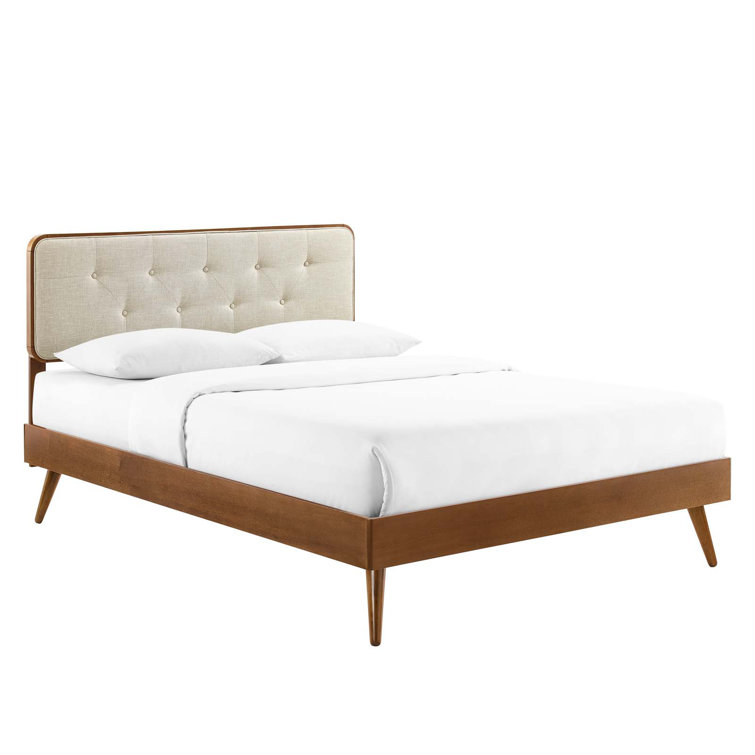 Walnut Beige Queen Upholstered Wood Platform Bed with Drawer