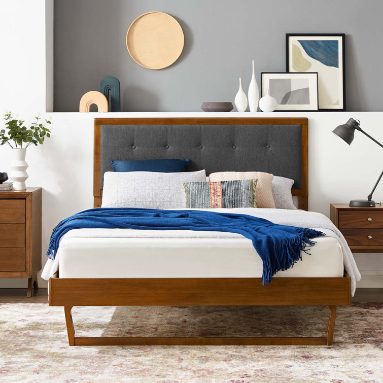 Mid-Century Walnut Charcoal Tufted King Platform Bed with Slats
