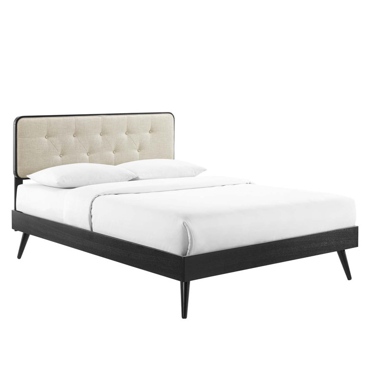 Walnut Charcoal Twin Wood Platform Bed with Upholstered Headboard