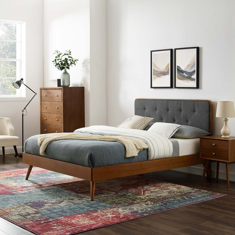 Walnut Charcoal Twin Wood Platform Bed with Upholstered Headboard