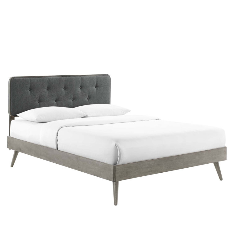 Walnut Charcoal Twin Wood Platform Bed with Upholstered Headboard