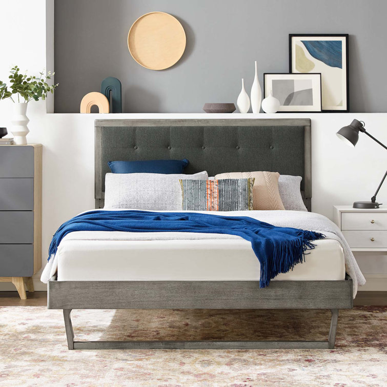 Charcoal Gray Full Platform Bed with Tufted Wood Frame and Slat Support