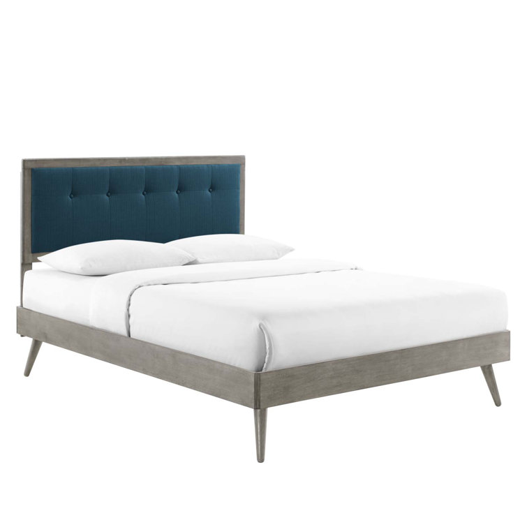 Mid-Century Tufted Upholstered Queen Bed with Wood Frame