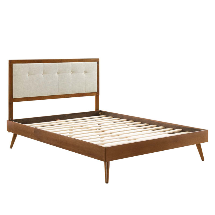 Mid-Century Tufted Upholstered Queen Bed with Wood Frame