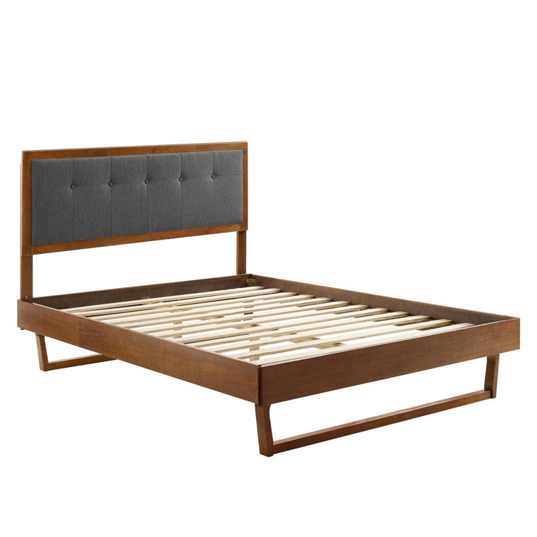 Mid-Century Walnut Charcoal Tufted King Platform Bed with Slats