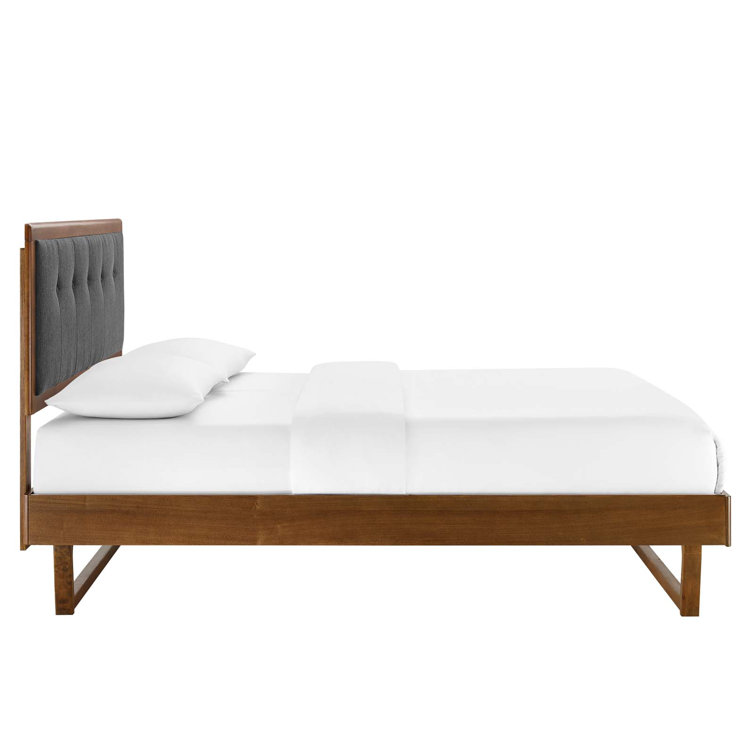 Mid-Century Walnut Charcoal Tufted King Platform Bed with Slats
