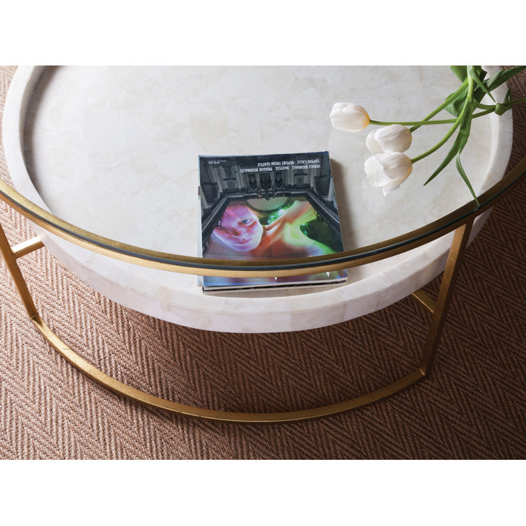 Cumulus Gold Foil 41" Round Glass Cocktail Table with Crystal Shelf