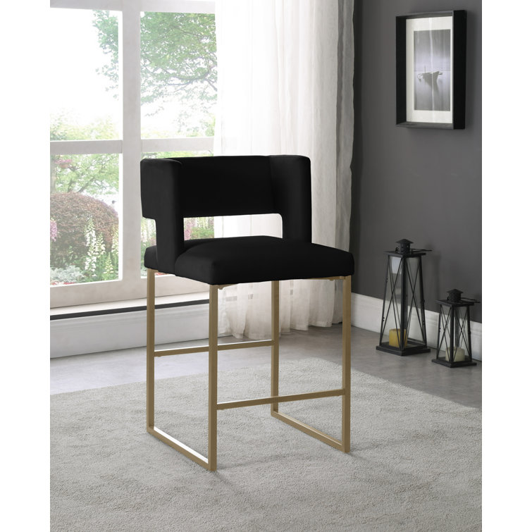 Caleb 26'' Luxurious Black Velvet Counter Stool with Gold Iron Legs